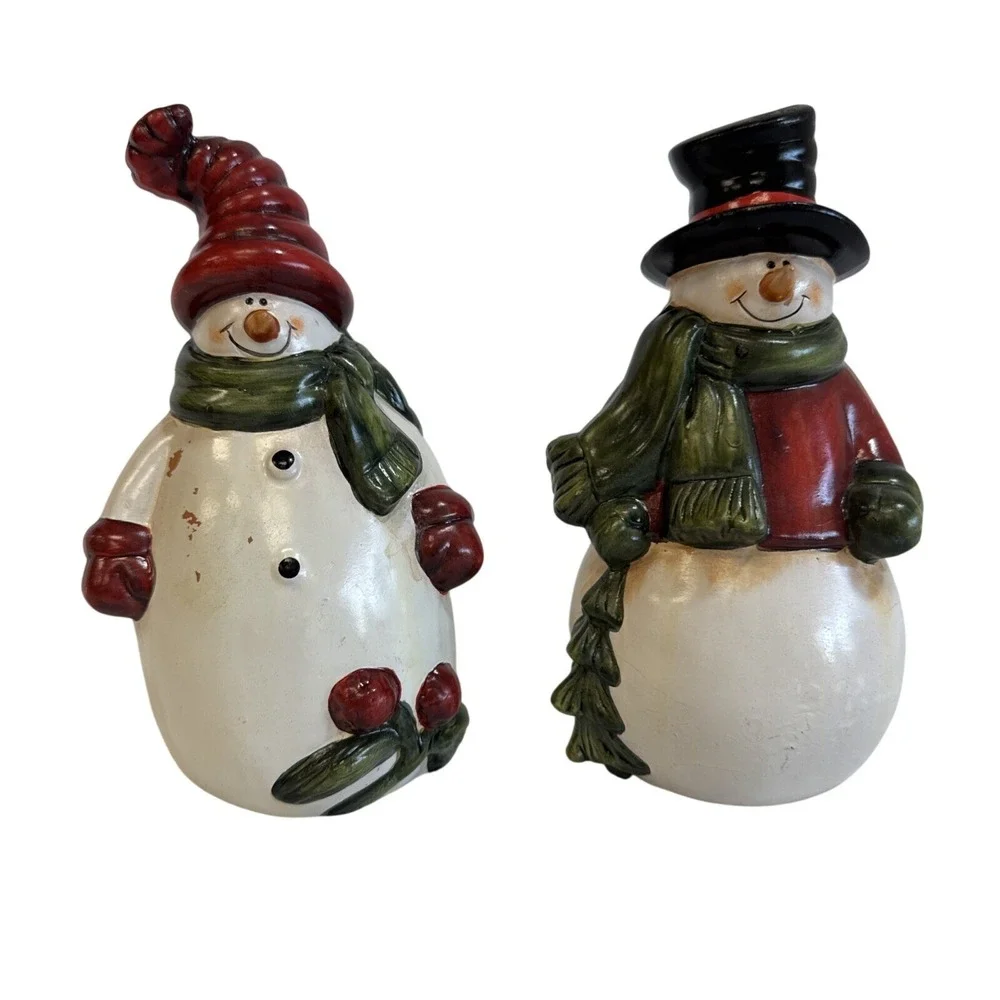 Vintage Set of 2‎ Ceramic Snowman Figurines Christmas Holiday Decor